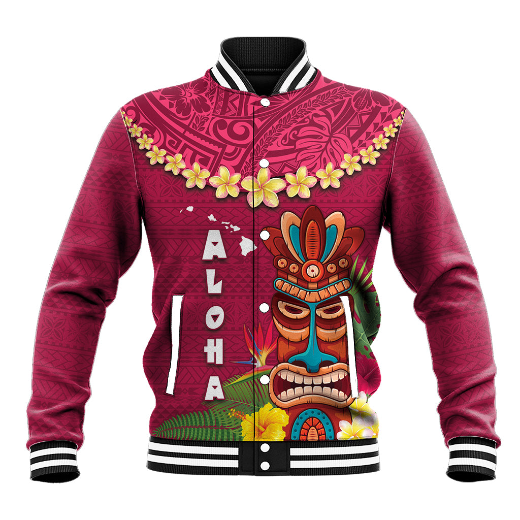 Hawaii Plumeria Lei Baseball Jacket Tiki and Kakau Pattern Pink Color LT03 Unisex Pink - Polynesian Pride