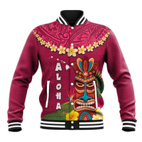 Hawaii Plumeria Lei Baseball Jacket Tiki and Kakau Pattern Pink Color LT03 Unisex Pink - Polynesian Pride