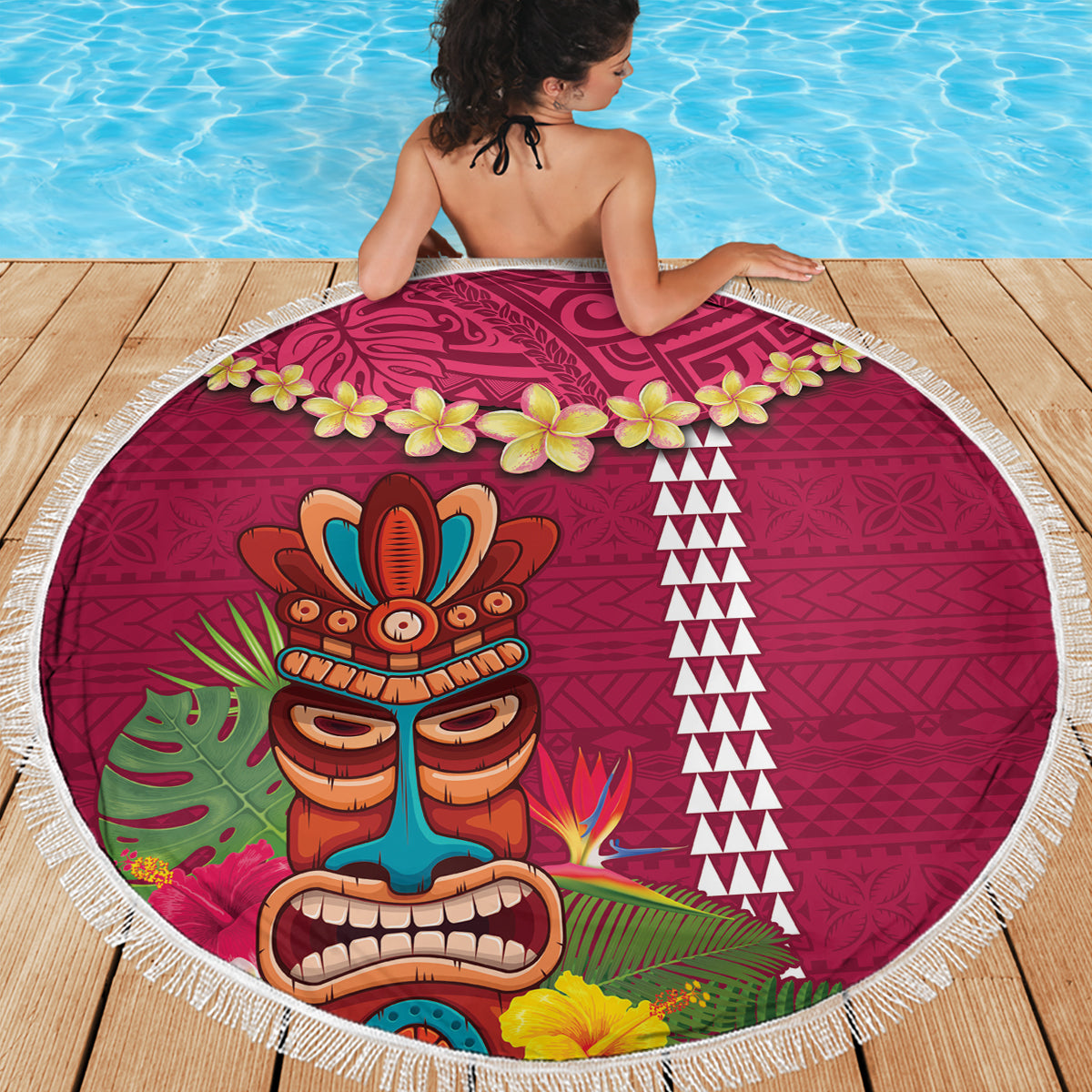 Hawaii Plumeria Lei Beach Blanket Tiki and Kakau Pattern Pink Color LT03 - Polynesian Pride