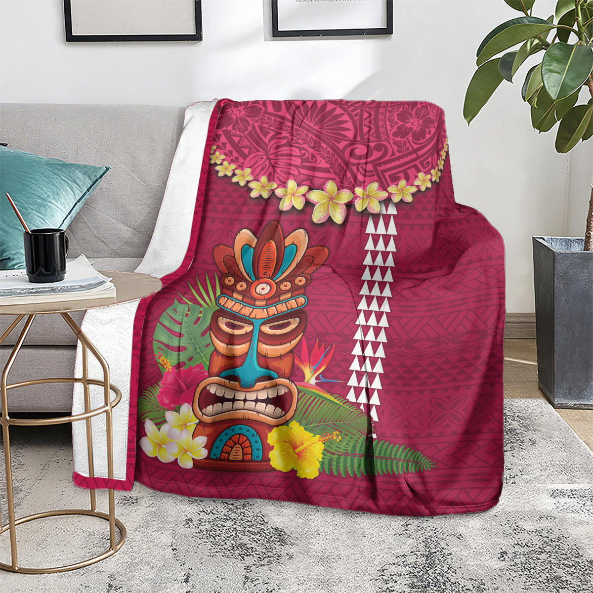 Hawaii Plumeria Lei Blanket Tiki and Kakau Pattern Pink Color LT03 - Polynesian Pride