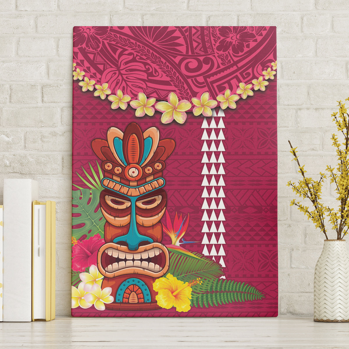 Hawaii Plumeria Lei Canvas Wall Art Tiki and Kakau Pattern Pink Color LT03 Without Frame Pink - Polynesian Pride