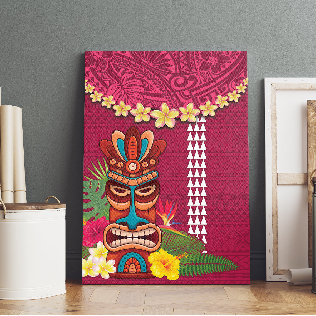 Hawaii Plumeria Lei Canvas Wall Art Tiki and Kakau Pattern Pink Color LT03 - Polynesian Pride