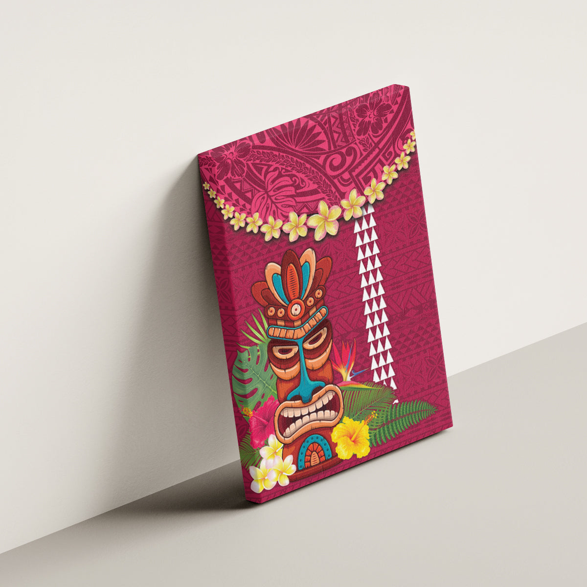 Hawaii Plumeria Lei Canvas Wall Art Tiki and Kakau Pattern Pink Color LT03 - Polynesian Pride
