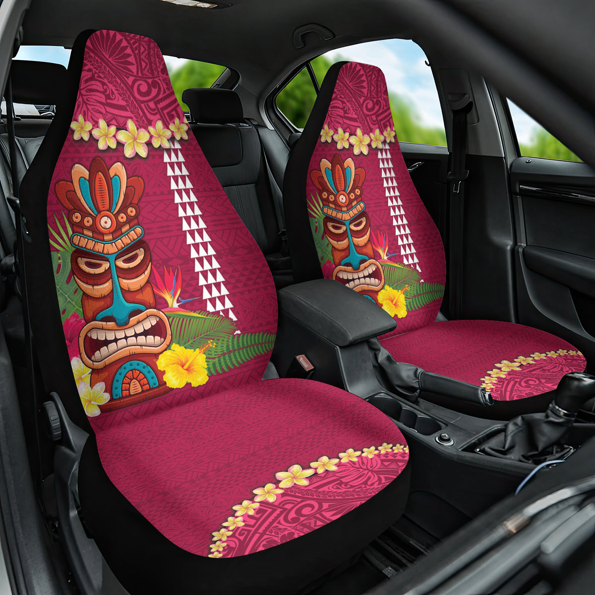 Hawaii Plumeria Lei Car Seat Cover Tiki and Kakau Pattern Pink Color