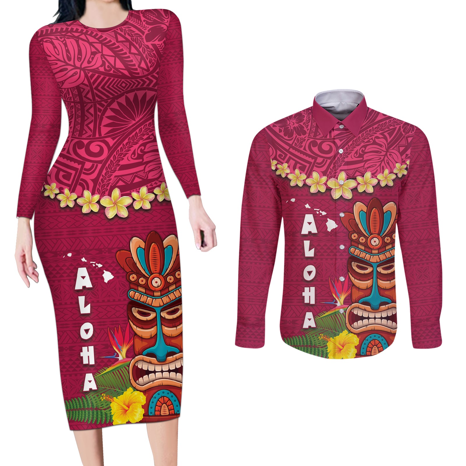 Hawaii Plumeria Lei Couples Matching Long Sleeve Bodycon Dress and Long Sleeve Button Shirt Tiki and Kakau Pattern Pink Color LT03 Pink - Polynesian Pride
