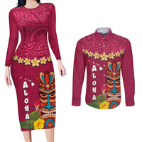 Hawaii Plumeria Lei Couples Matching Long Sleeve Bodycon Dress and Long Sleeve Button Shirt Tiki and Kakau Pattern Pink Color LT03 Pink - Polynesian Pride