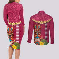 Hawaii Plumeria Lei Couples Matching Long Sleeve Bodycon Dress and Long Sleeve Button Shirt Tiki and Kakau Pattern Pink Color LT03 - Polynesian Pride