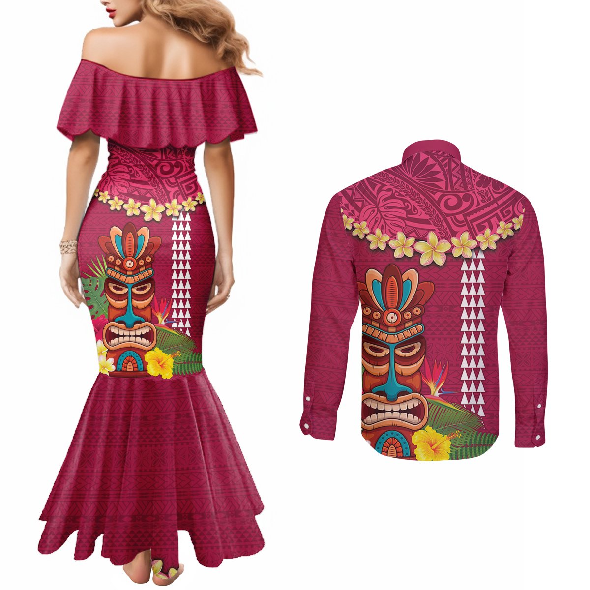 Hawaii Plumeria Lei Couples Matching Mermaid Dress and Long Sleeve Button Shirt Tiki and Kakau Pattern Pink Color LT03 - Polynesian Pride