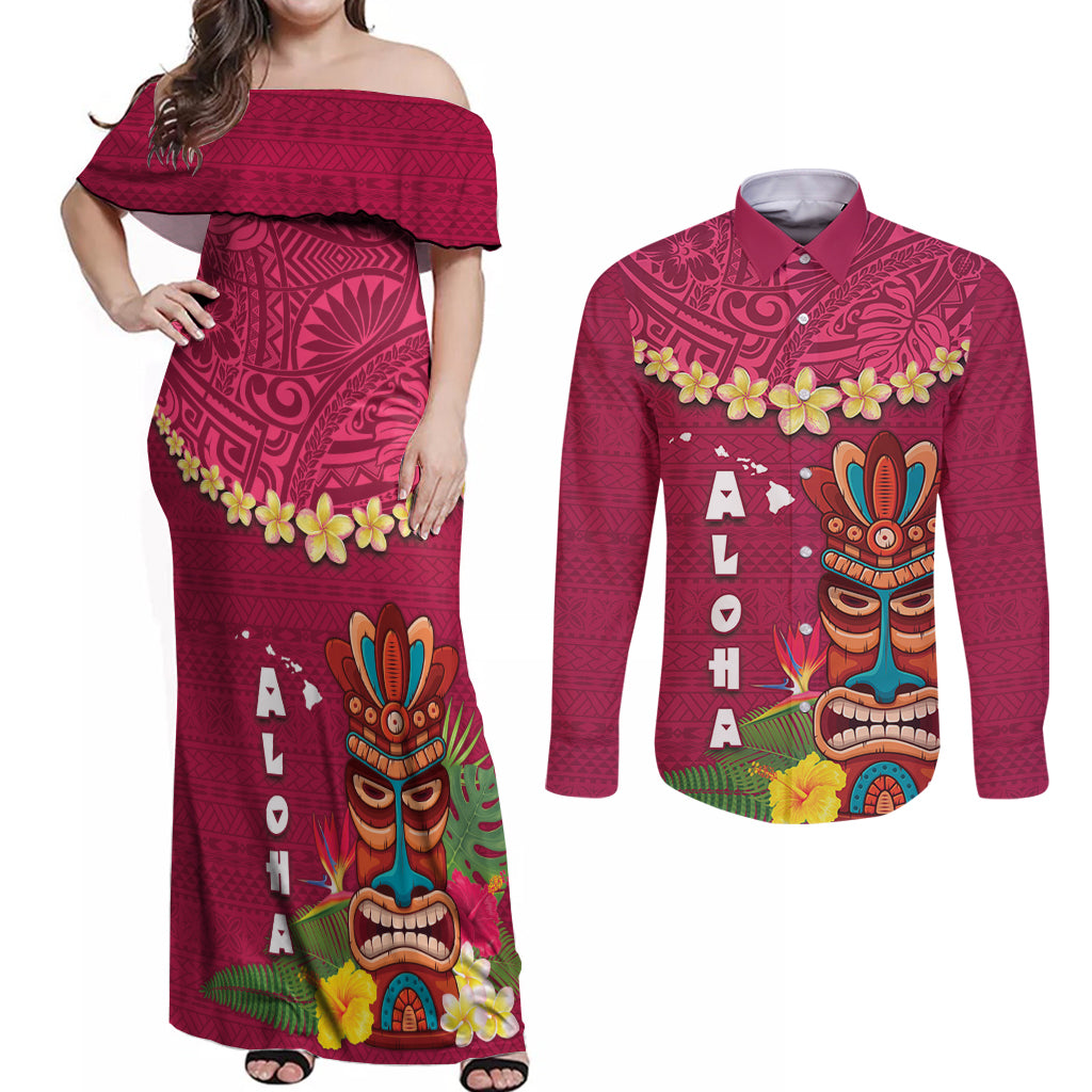 Hawaii Plumeria Lei Couples Matching Off Shoulder Maxi Dress and Long Sleeve Button Shirt Tiki and Kakau Pattern Pink Color LT03 Pink - Polynesian Pride