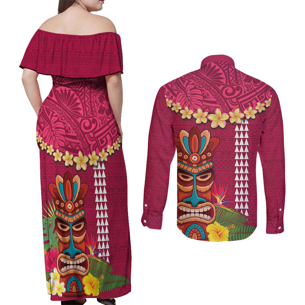 Hawaii Plumeria Lei Couples Matching Off Shoulder Maxi Dress and Long Sleeve Button Shirt Tiki and Kakau Pattern Pink Color LT03 - Polynesian Pride