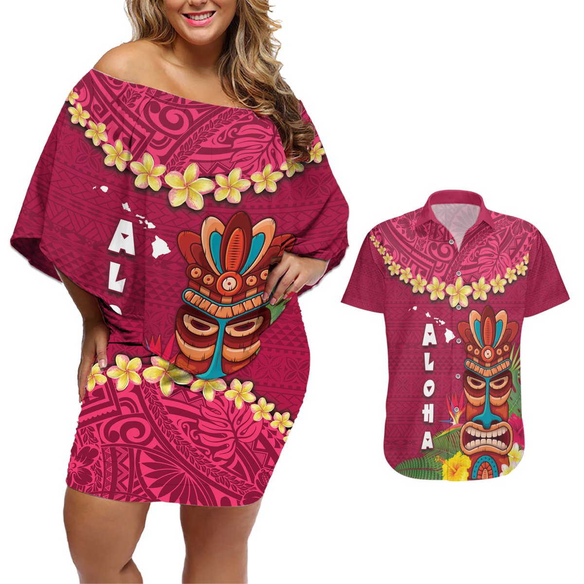 Hawaii Plumeria Lei Couples Matching Off Shoulder Short Dress and Hawaiian Shirt Tiki and Kakau Pattern Pink Color LT03 Pink - Polynesian Pride
