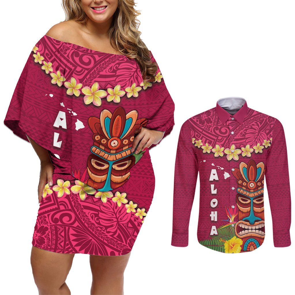 Hawaii Plumeria Lei Couples Matching Off Shoulder Short Dress and Long Sleeve Button Shirt Tiki and Kakau Pattern Pink Color LT03 Pink - Polynesian Pride