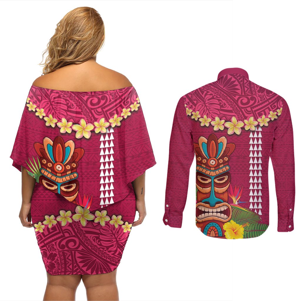 Hawaii Plumeria Lei Couples Matching Off Shoulder Short Dress and Long Sleeve Button Shirt Tiki and Kakau Pattern Pink Color LT03 - Polynesian Pride