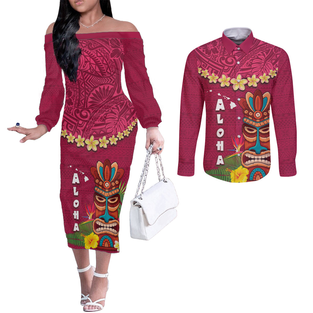 Hawaii Plumeria Lei Couples Matching Off The Shoulder Long Sleeve Dress and Long Sleeve Button Shirt Tiki and Kakau Pattern Pink Color LT03 Pink - Polynesian Pride