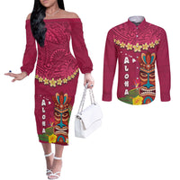 Hawaii Plumeria Lei Couples Matching Off The Shoulder Long Sleeve Dress and Long Sleeve Button Shirt Tiki and Kakau Pattern Pink Color