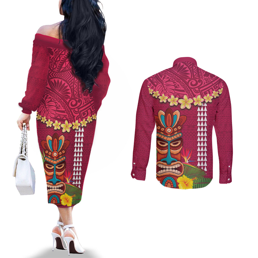 Hawaii Plumeria Lei Couples Matching Off The Shoulder Long Sleeve Dress and Long Sleeve Button Shirt Tiki and Kakau Pattern Pink Color