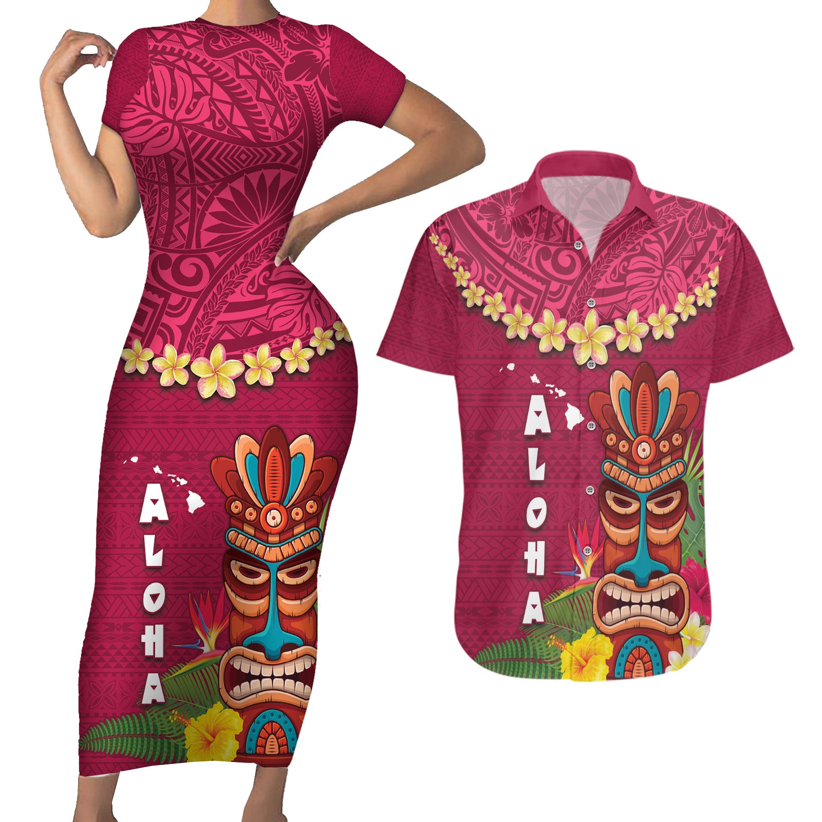 Hawaii Plumeria Lei Couples Matching Short Sleeve Bodycon Dress and Hawaiian Shirt Tiki and Kakau Pattern Pink Color LT03 Pink - Polynesian Pride