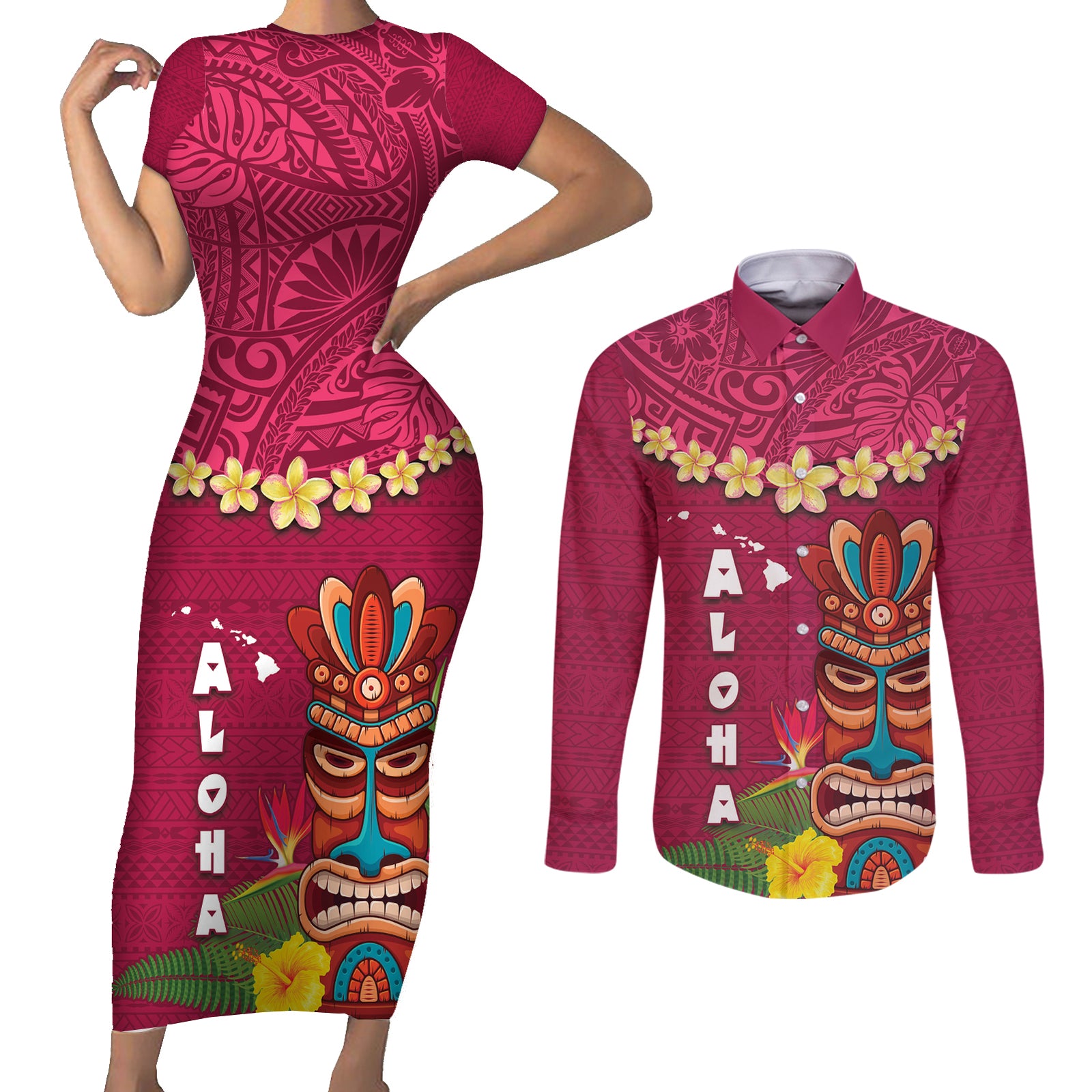 Hawaii Plumeria Lei Couples Matching Short Sleeve Bodycon Dress and Long Sleeve Button Shirt Tiki and Kakau Pattern Pink Color LT03 Pink - Polynesian Pride