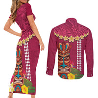 Hawaii Plumeria Lei Couples Matching Short Sleeve Bodycon Dress and Long Sleeve Button Shirt Tiki and Kakau Pattern Pink Color