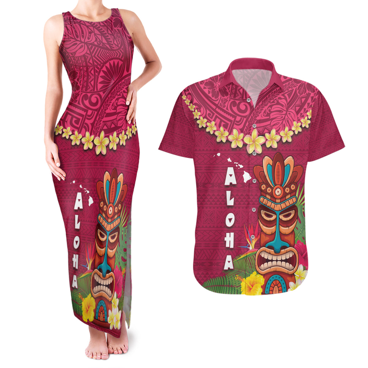 Hawaii Plumeria Lei Couples Matching Tank Maxi Dress and Hawaiian Shirt Tiki and Kakau Pattern Pink Color