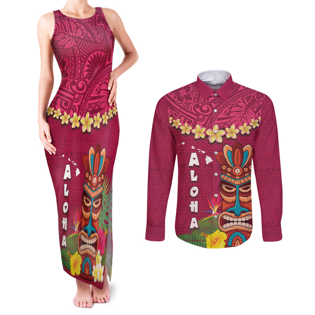 Hawaii Plumeria Lei Couples Matching Tank Maxi Dress and Long Sleeve Button Shirt Tiki and Kakau Pattern Pink Color LT03 Pink - Polynesian Pride