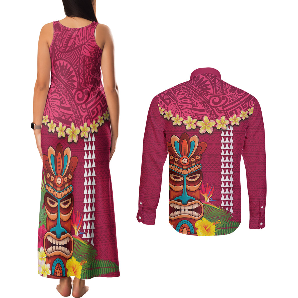Hawaii Plumeria Lei Couples Matching Tank Maxi Dress and Long Sleeve Button Shirt Tiki and Kakau Pattern Pink Color LT03 - Polynesian Pride