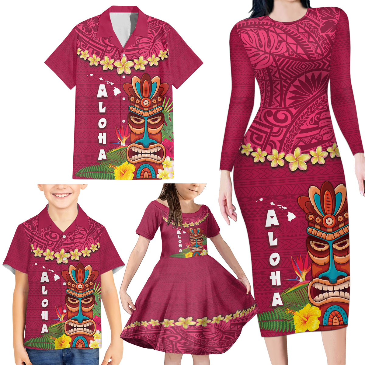 Hawaii Plumeria Lei Family Matching Long Sleeve Bodycon Dress and Hawaiian Shirt Tiki and Kakau Pattern Pink Color