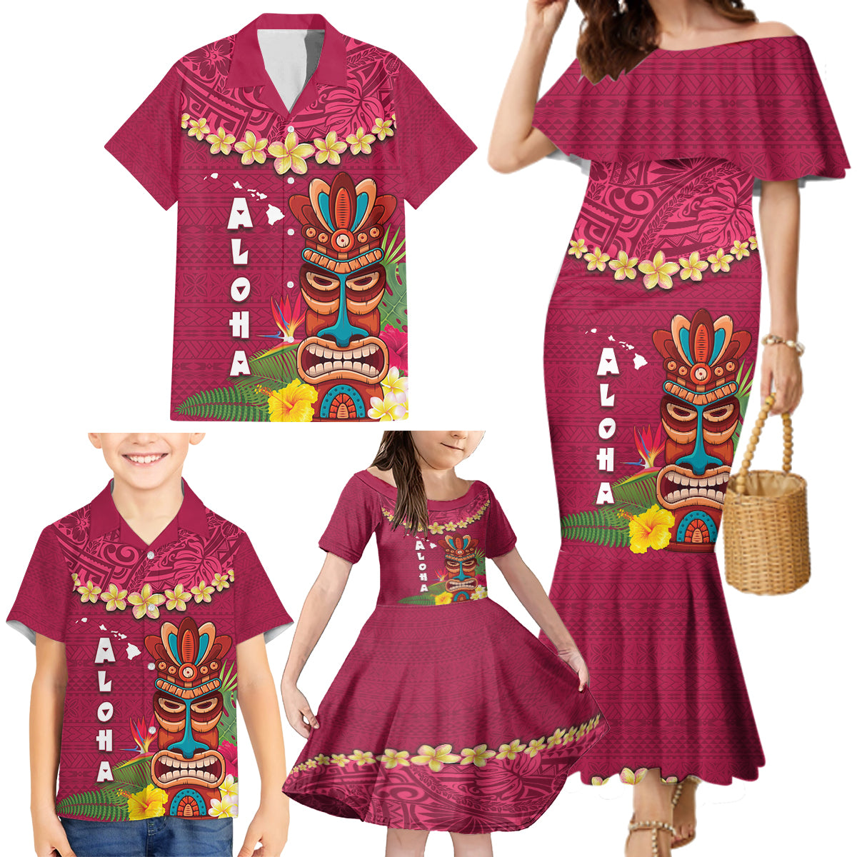 Hawaii Plumeria Lei Family Matching Mermaid Dress and Hawaiian Shirt Tiki and Kakau Pattern Pink Color