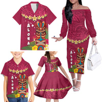 Hawaii Plumeria Lei Family Matching Off The Shoulder Long Sleeve Dress and Hawaiian Shirt Tiki and Kakau Pattern Pink Color