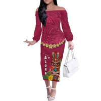 Hawaii Plumeria Lei Family Matching Off The Shoulder Long Sleeve Dress and Hawaiian Shirt Tiki and Kakau Pattern Pink Color