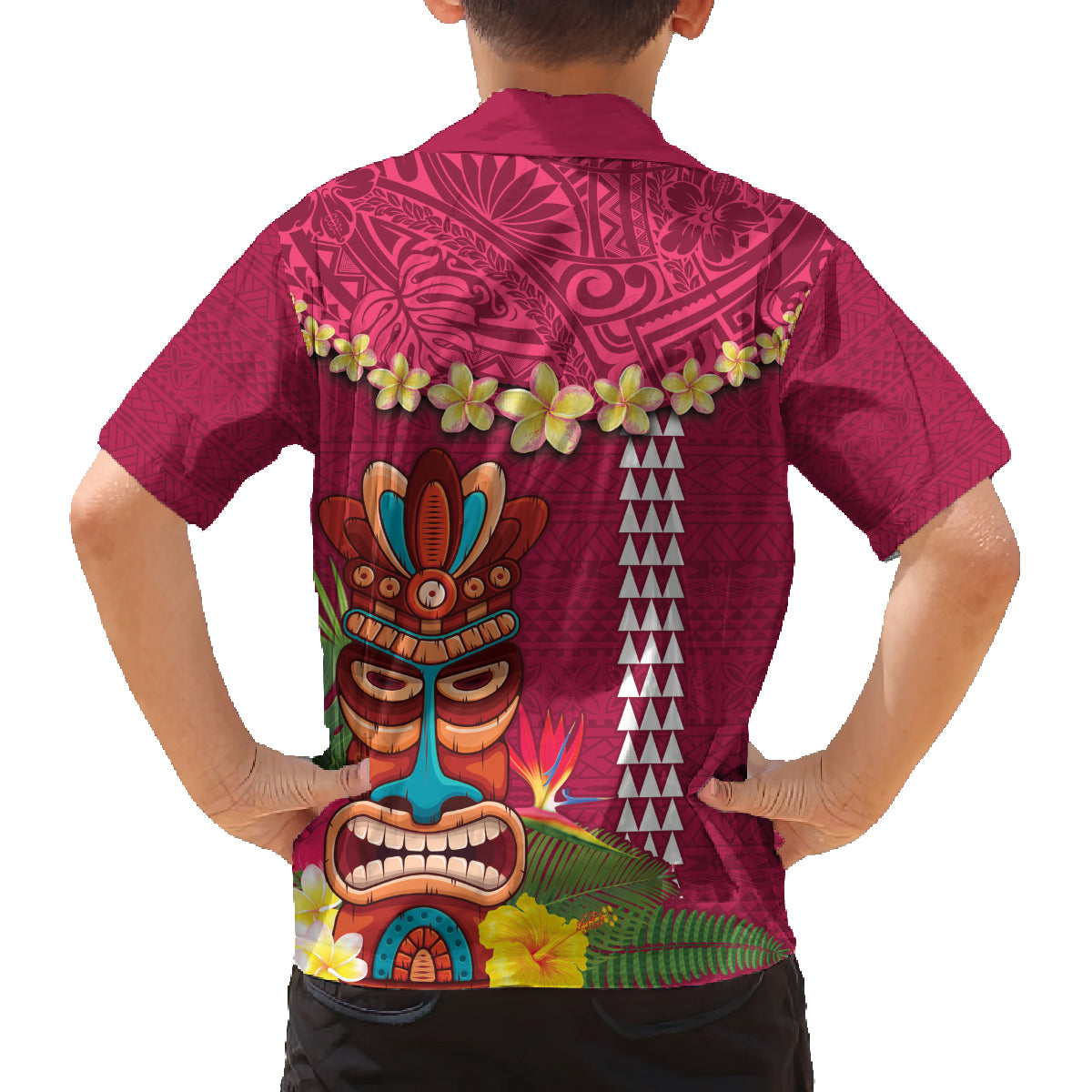 Hawaii Plumeria Lei Family Matching Off Shoulder Short Dress and Hawaiian Shirt Tiki and Kakau Pattern Pink Color LT03 - Polynesian Pride