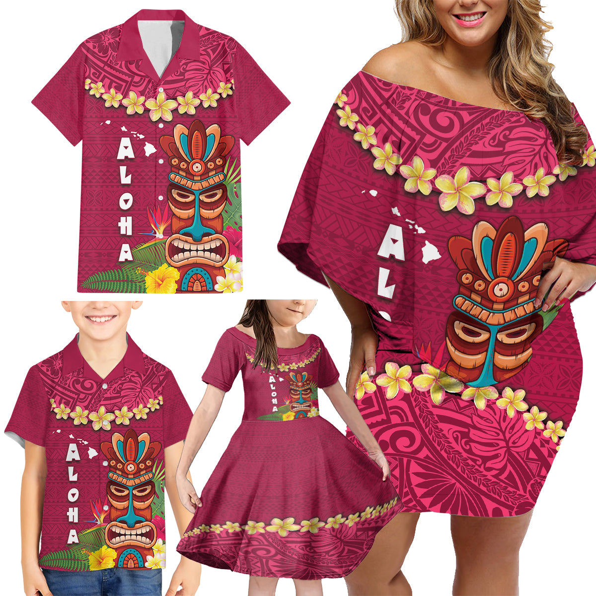 Hawaii Plumeria Lei Family Matching Off Shoulder Short Dress and Hawaiian Shirt Tiki and Kakau Pattern Pink Color