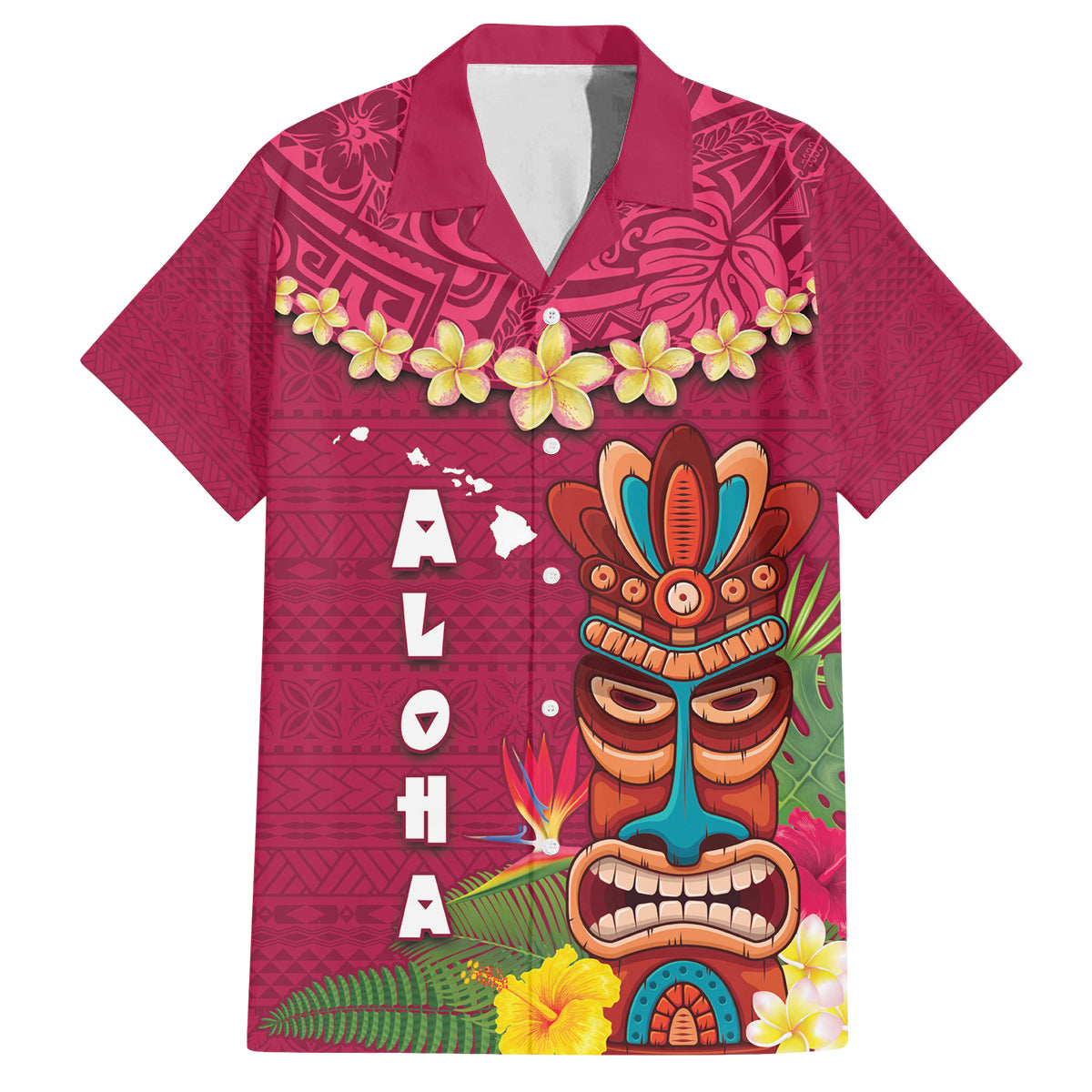Hawaii Plumeria Lei Family Matching Off Shoulder Short Dress and Hawaiian Shirt Tiki and Kakau Pattern Pink Color LT03 Dad's Shirt - Short Sleeve Pink - Polynesian Pride