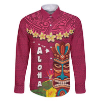 Hawaii Plumeria Lei Family Matching Off Shoulder Short Dress and Hawaiian Shirt Tiki and Kakau Pattern Pink Color LT03 Dad's Shirt - Long Sleeve Pink - Polynesian Pride