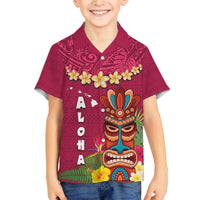 Hawaii Plumeria Lei Family Matching Off Shoulder Short Dress and Hawaiian Shirt Tiki and Kakau Pattern Pink Color LT03 Son's Shirt Pink - Polynesian Pride