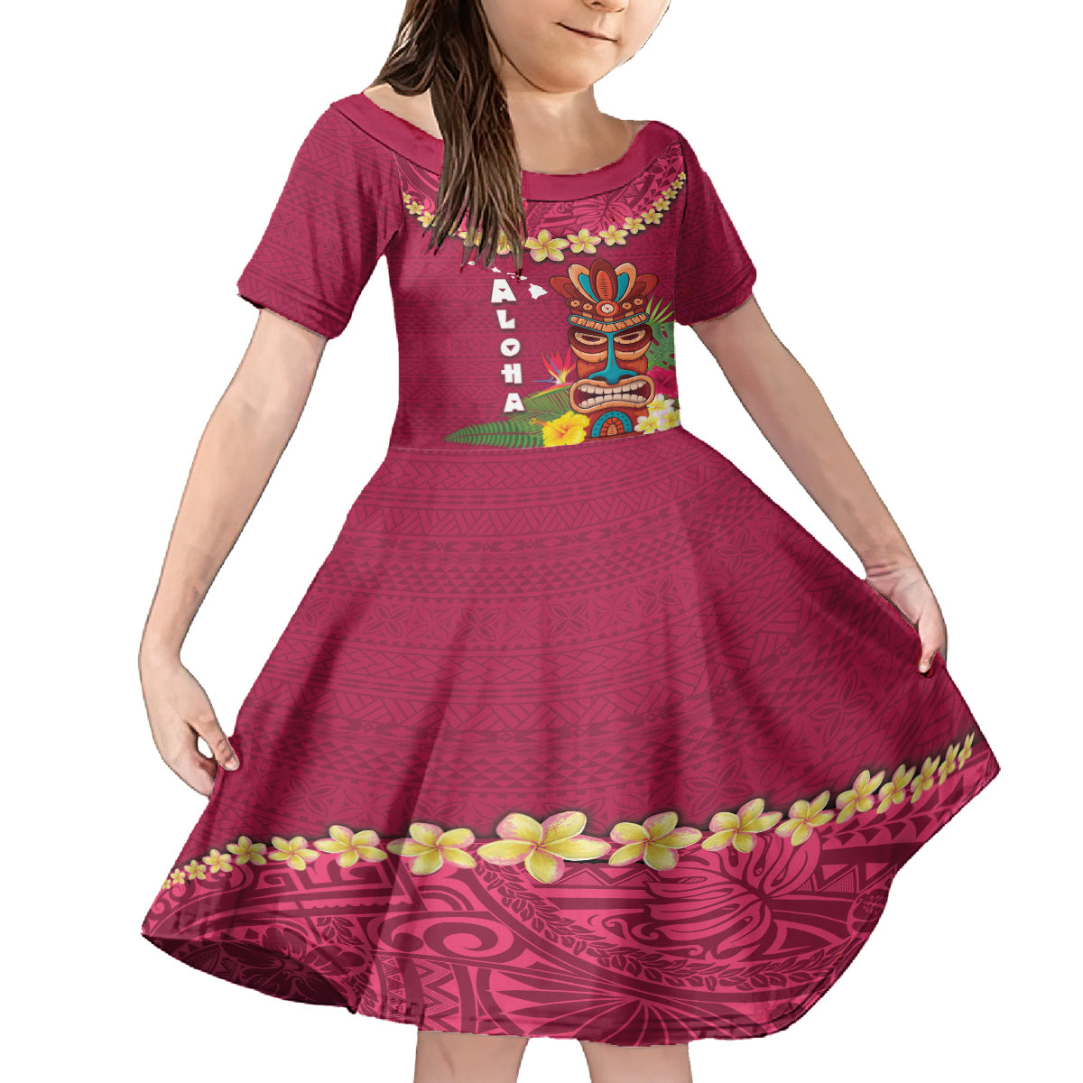 Hawaii Plumeria Lei Family Matching Summer Maxi Dress and Hawaiian Shirt Tiki and Kakau Pattern Pink Color LT03 Daughter's Dress Pink - Polynesian Pride