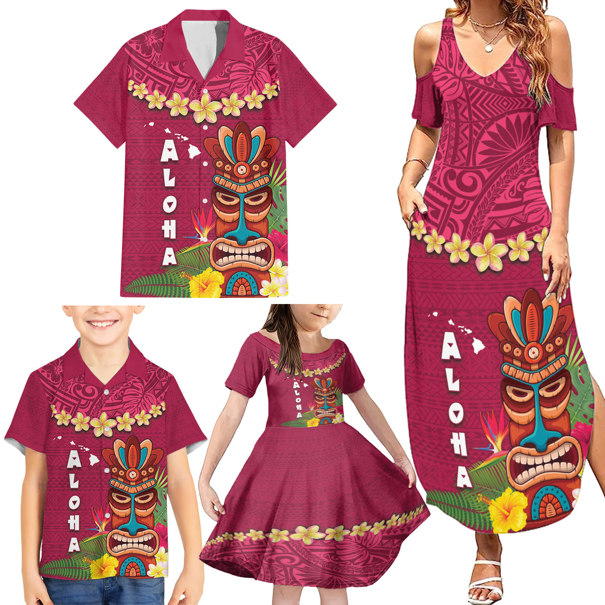 Hawaii Plumeria Lei Family Matching Summer Maxi Dress and Hawaiian Shirt Tiki and Kakau Pattern Pink Color LT03 - Polynesian Pride
