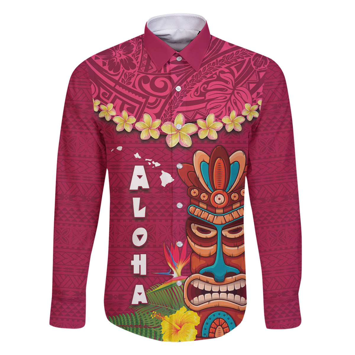 Hawaii Plumeria Lei Family Matching Summer Maxi Dress and Hawaiian Shirt Tiki and Kakau Pattern Pink Color LT03 Dad's Shirt - Long Sleeve Pink - Polynesian Pride