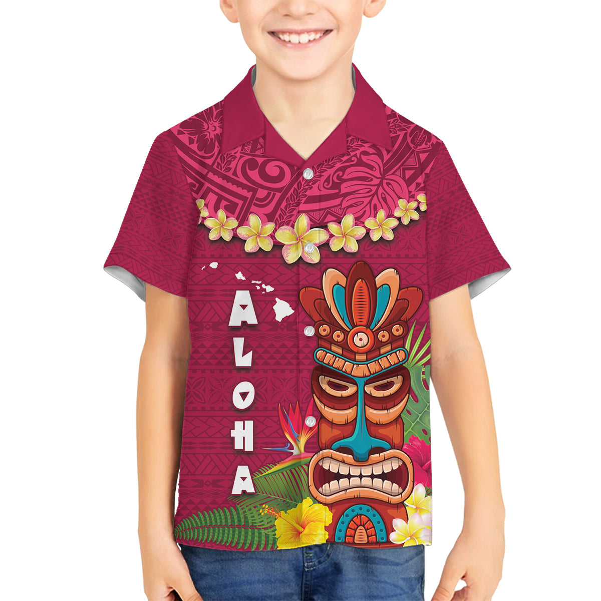Hawaii Plumeria Lei Family Matching Summer Maxi Dress and Hawaiian Shirt Tiki and Kakau Pattern Pink Color LT03 Son's Shirt Pink - Polynesian Pride