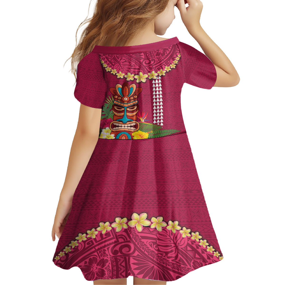 Hawaii Plumeria Lei Family Matching Tank Maxi Dress and Hawaiian Shirt Tiki and Kakau Pattern Pink Color