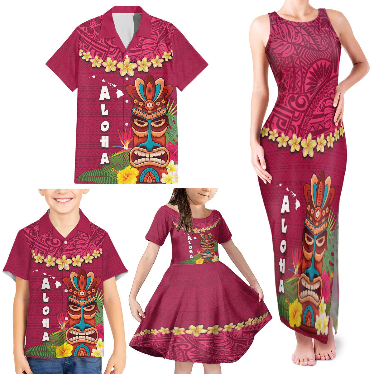 Hawaii Plumeria Lei Family Matching Tank Maxi Dress and Hawaiian Shirt Tiki and Kakau Pattern Pink Color