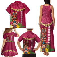 Hawaii Plumeria Lei Family Matching Tank Maxi Dress and Hawaiian Shirt Tiki and Kakau Pattern Pink Color