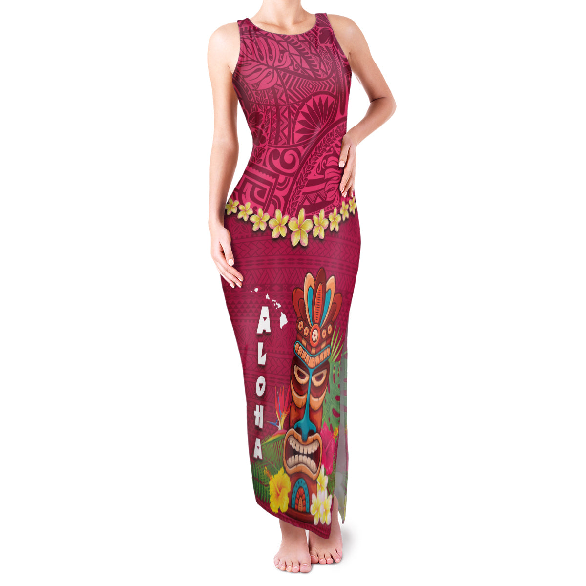 Hawaii Plumeria Lei Family Matching Tank Maxi Dress and Hawaiian Shirt Tiki and Kakau Pattern Pink Color