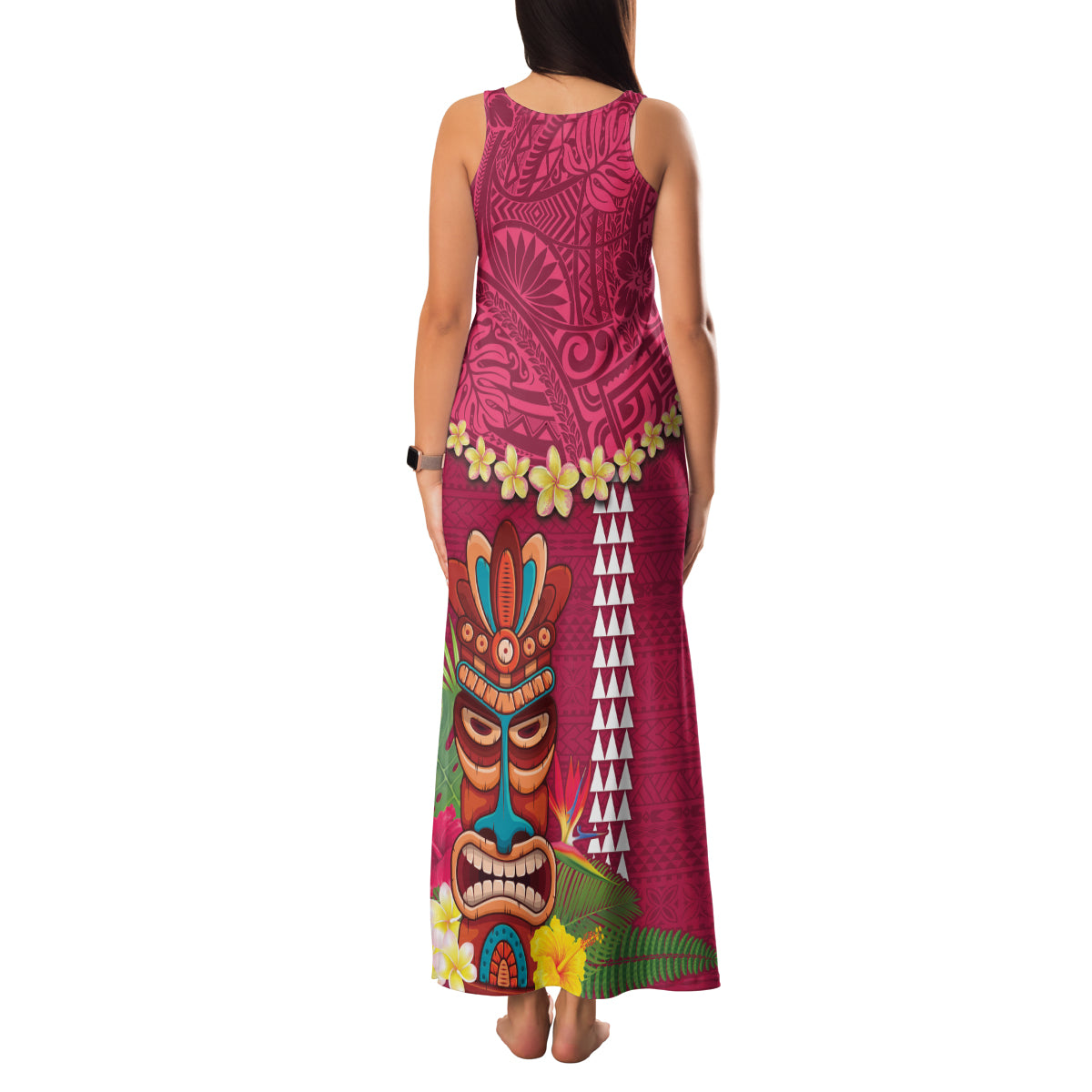 Hawaii Plumeria Lei Family Matching Tank Maxi Dress and Hawaiian Shirt Tiki and Kakau Pattern Pink Color