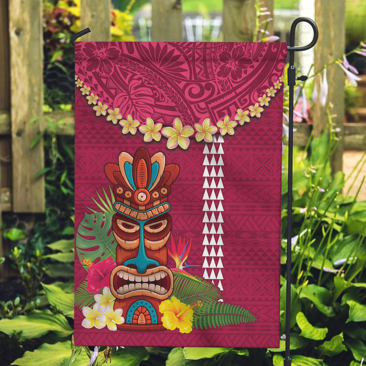 Hawaii Plumeria Lei Garden Flag Tiki and Kakau Pattern Pink Color