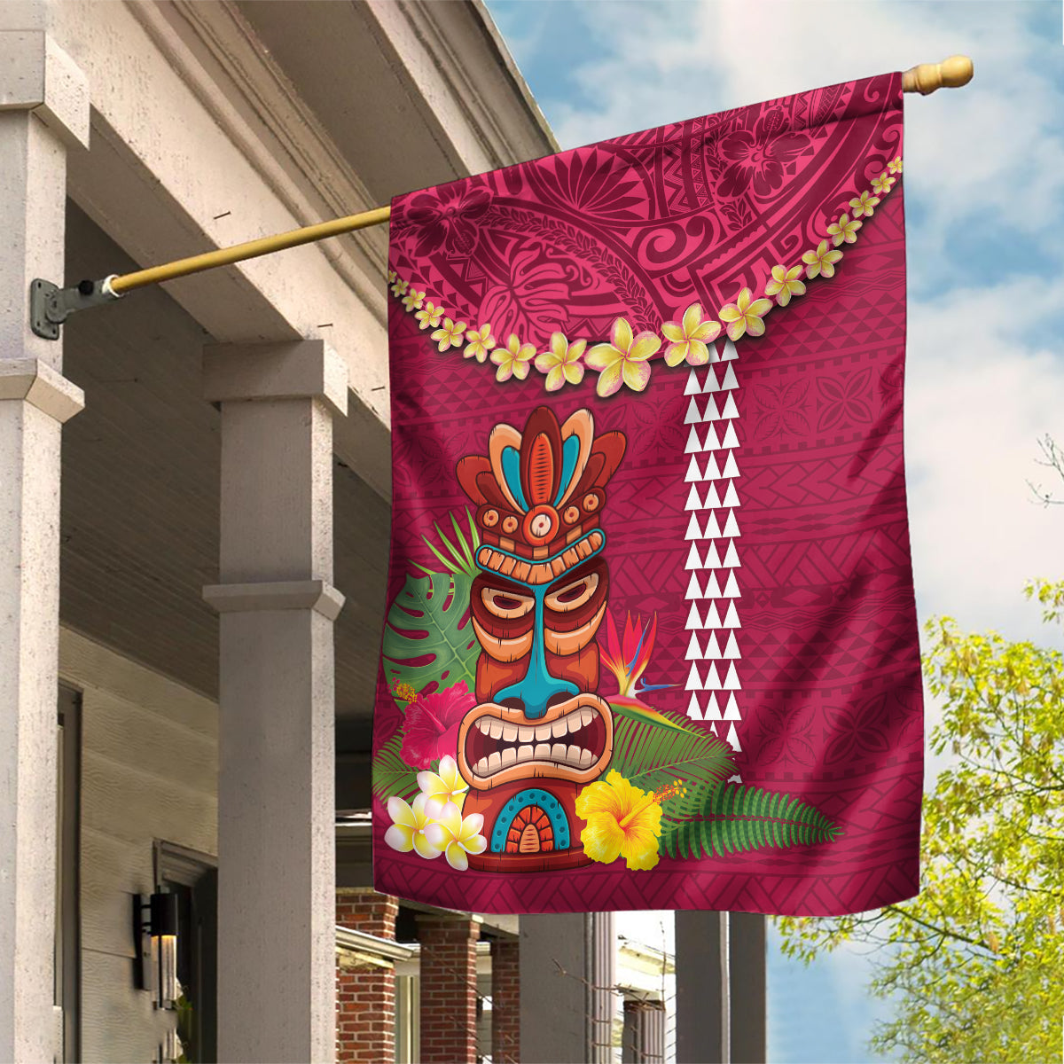 Hawaii Plumeria Lei Garden Flag Tiki and Kakau Pattern Pink Color LT03 House Flag Pink - Polynesian Pride