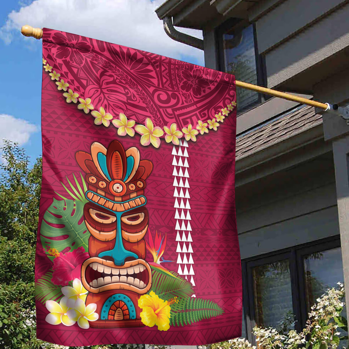Hawaii Plumeria Lei Garden Flag Tiki and Kakau Pattern Pink Color LT03 - Polynesian Pride
