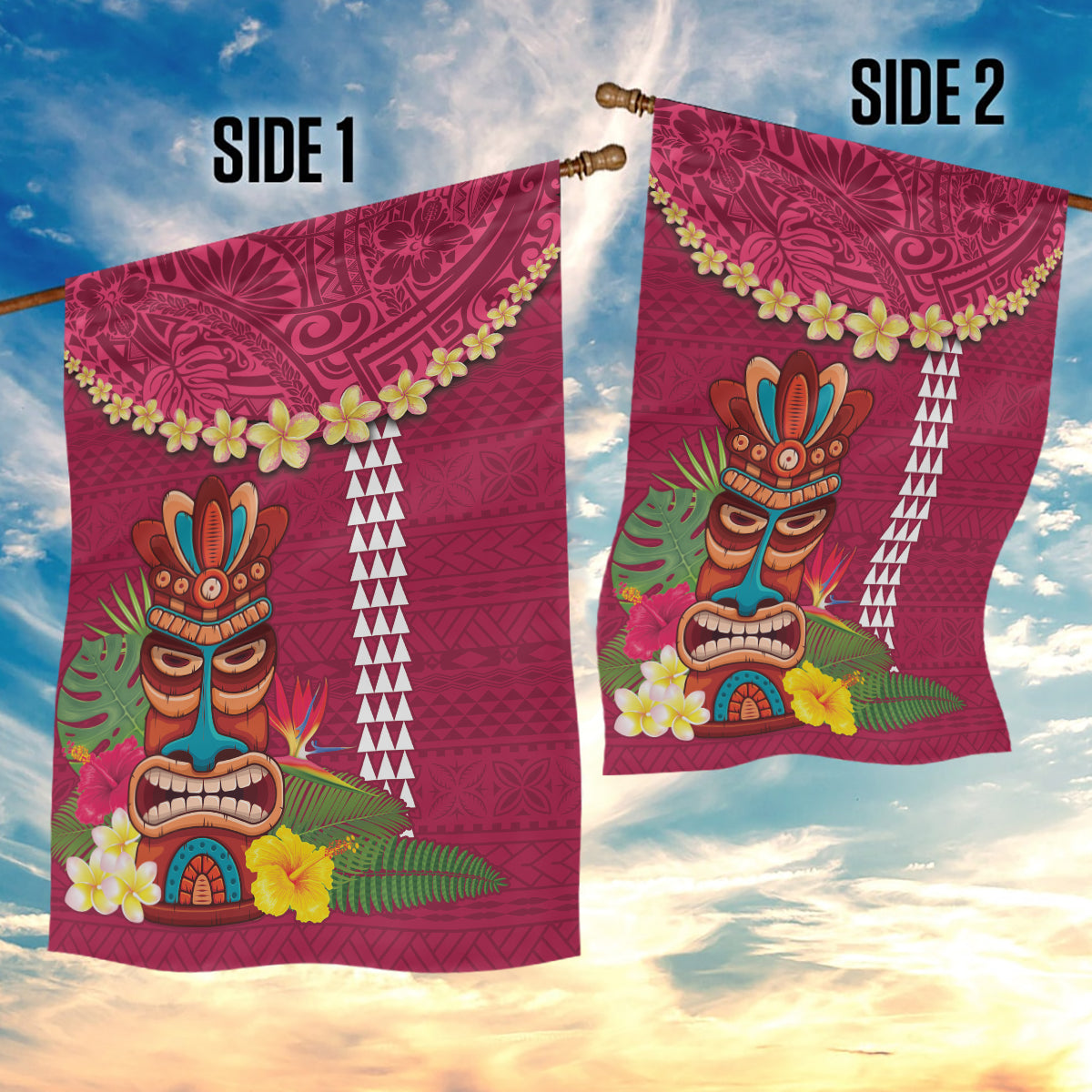 Hawaii Plumeria Lei Garden Flag Tiki and Kakau Pattern Pink Color LT03 - Polynesian Pride