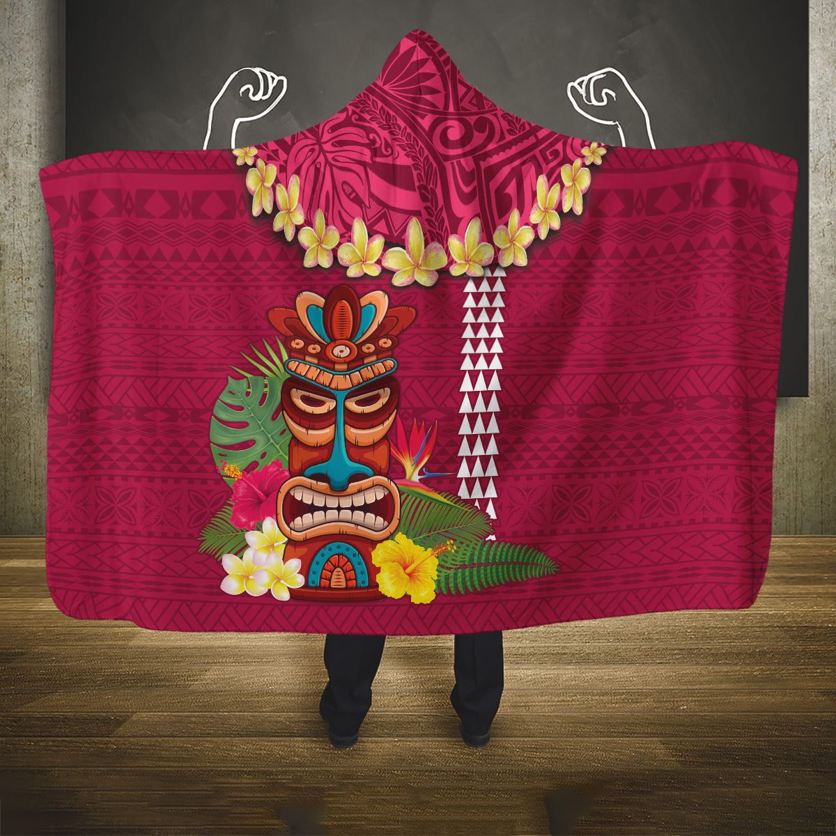 Hawaii Plumeria Lei Hooded Blanket Tiki and Kakau Pattern Pink Color LT03 One Size Pink - Polynesian Pride