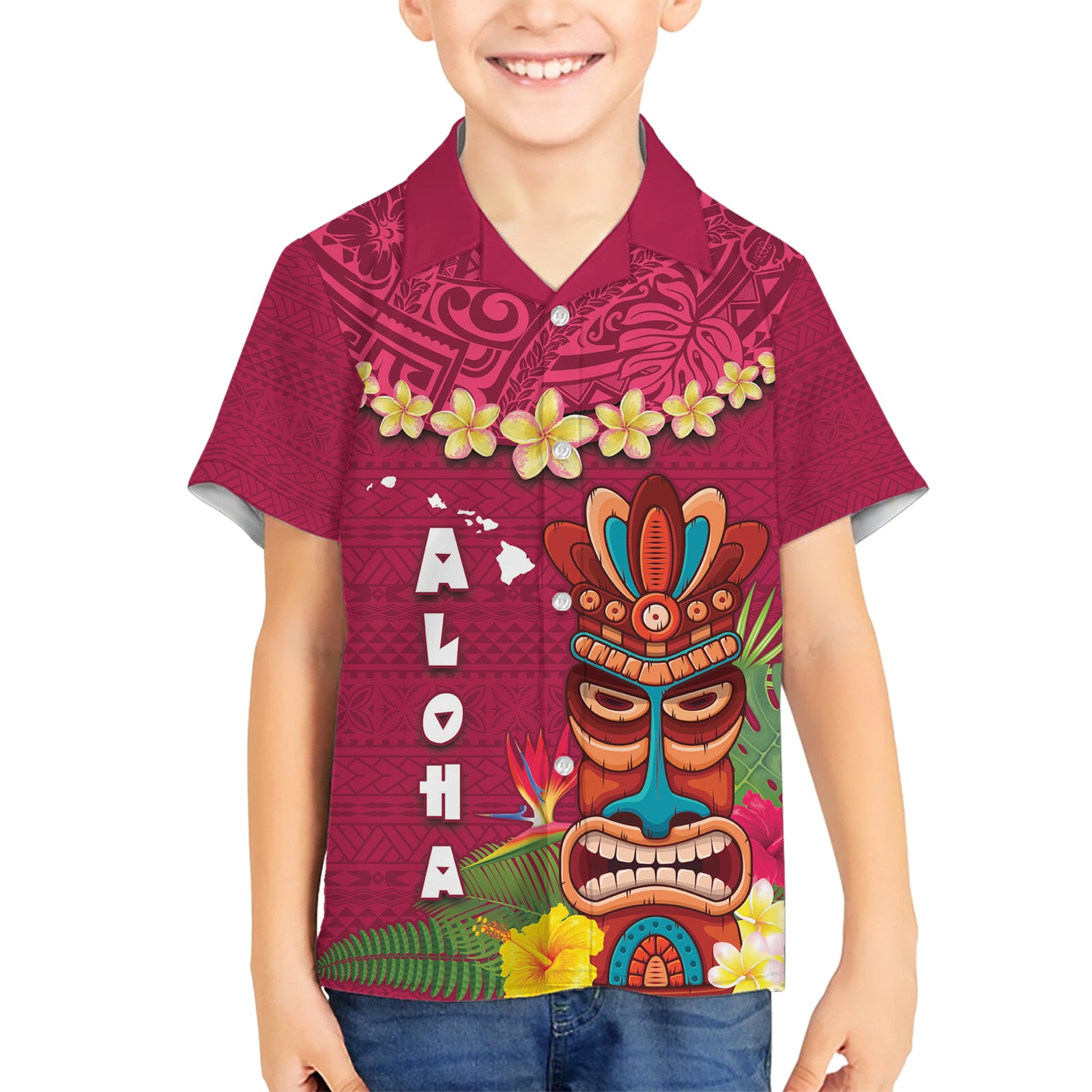 Hawaii Plumeria Lei Kid Hawaiian Shirt Tiki and Kakau Pattern Pink Color LT03 Kid Pink - Polynesian Pride